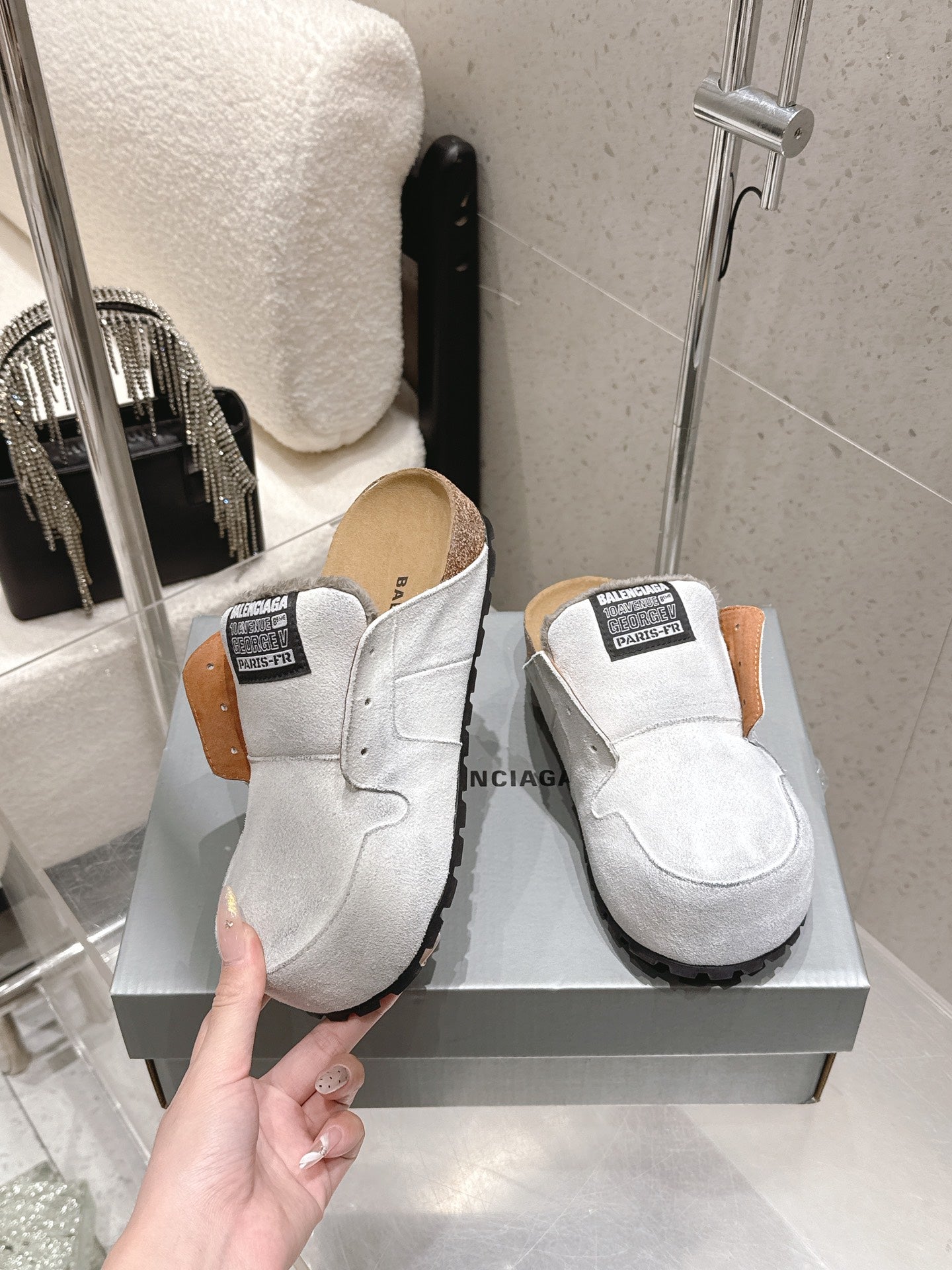 Balenciaga white slide sandals, open heel with tan interior and logo patch