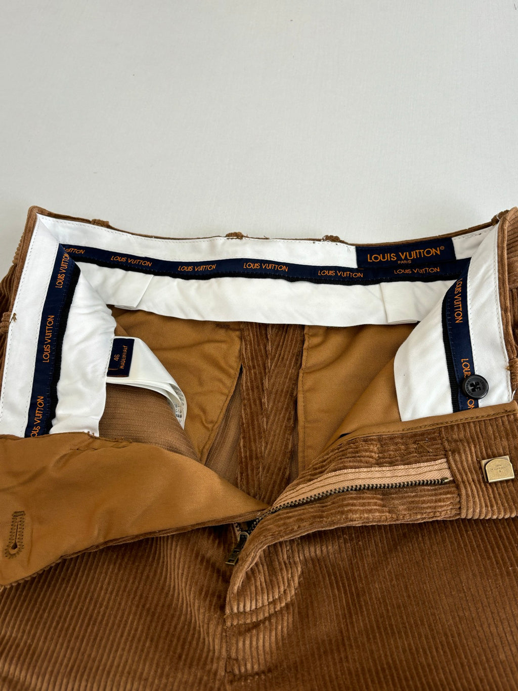 Louis Vuitton brown corduroy pants interior waistband with branded lining and pocket