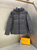 Hooded puffer jacket with full-zip front, dark gray, ribbed cuffs and drawcord hem.