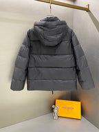 Hooded puffer jacket with back view, dark gray, quilted panels and full-zip front.