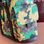 Camouflage backpack side pocket with flap tab and brown trim