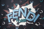 Fendi navy T-shirt close-up of FENDI text graphic with confetti accents