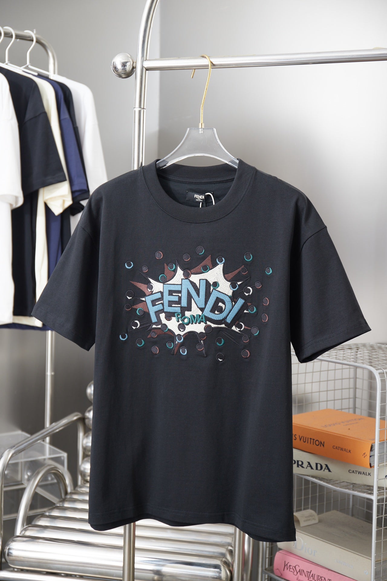 Fendi navy T-shirt with colorful FENDI graphic on the front