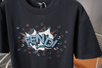 Fendi navy T-shirt front with FENDI graphic and multicolor confetti design