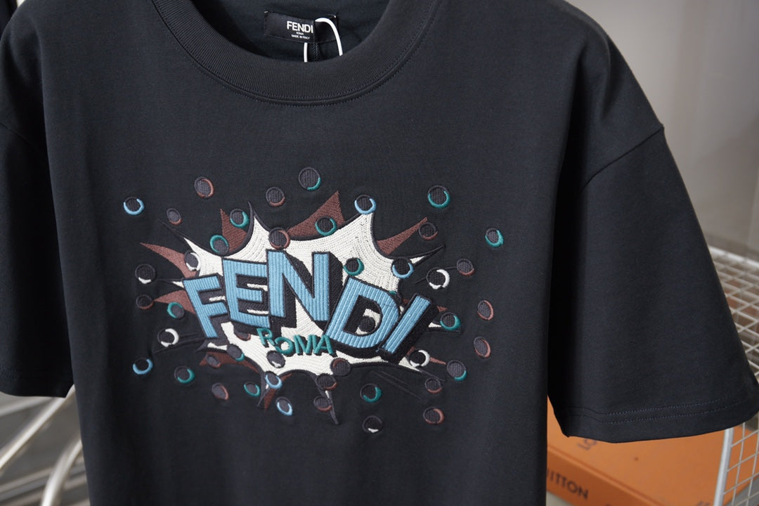Fendi navy T-shirt front with FENDI graphic and multicolor confetti design
