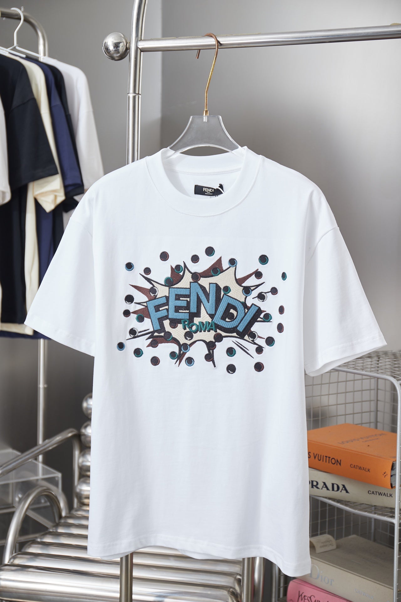 Fendi short-sleeve T-shirt, white crewneck with colorful FENDI logo print