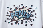 Fendi logo graphic on white T-shirt, blue FENDI text with splash accents