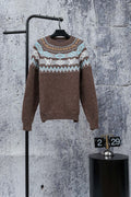 Brown knit sweater with Fair Isle yoke and long sleeves