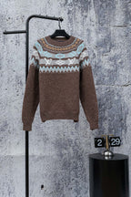 Brown knit sweater with Fair Isle yoke and long sleeves