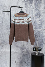 Brown knit sweater with patterned yoke and long sleeves