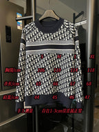Long-sleeve knit sweater with white logo pattern, navy collar, and CHRISTIAN DIOR band
