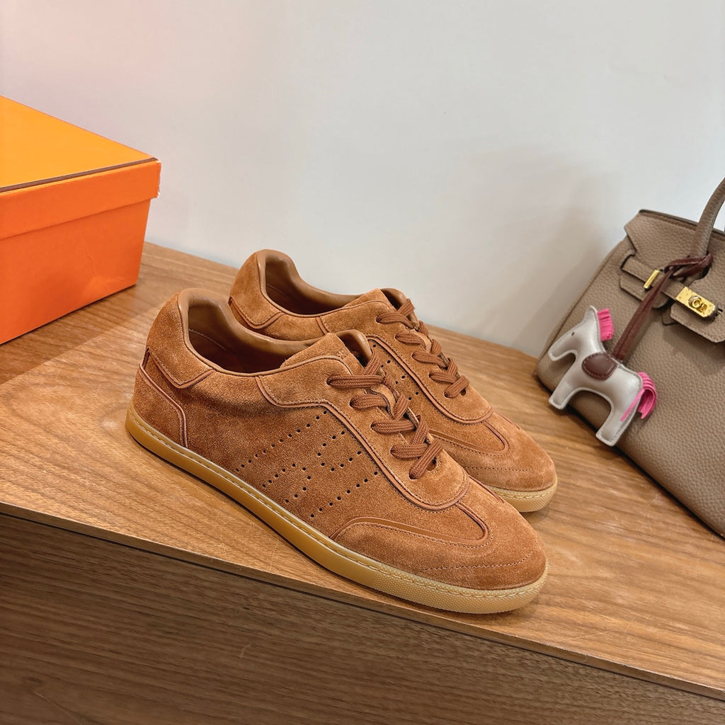 Suede sneakers in tan, lace-up with side swoosh-style panel and beige sole edge