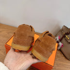Hermes suede sneakers in tan with rear pull tab and stitched heel panel