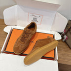 Suede lace-up sneakers in tan with low profile gum sole