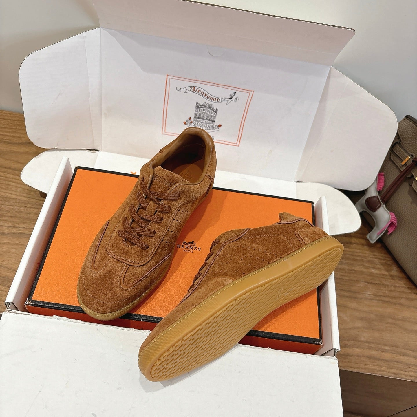 Suede lace-up sneakers in tan with low profile gum sole