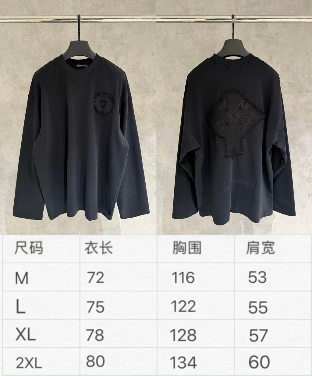 Black long-sleeve crewneck shirt pair and size chart with M–2XL measurements