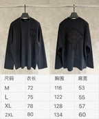 Black long-sleeve crewneck shirt pair and size chart with M–2XL measurements