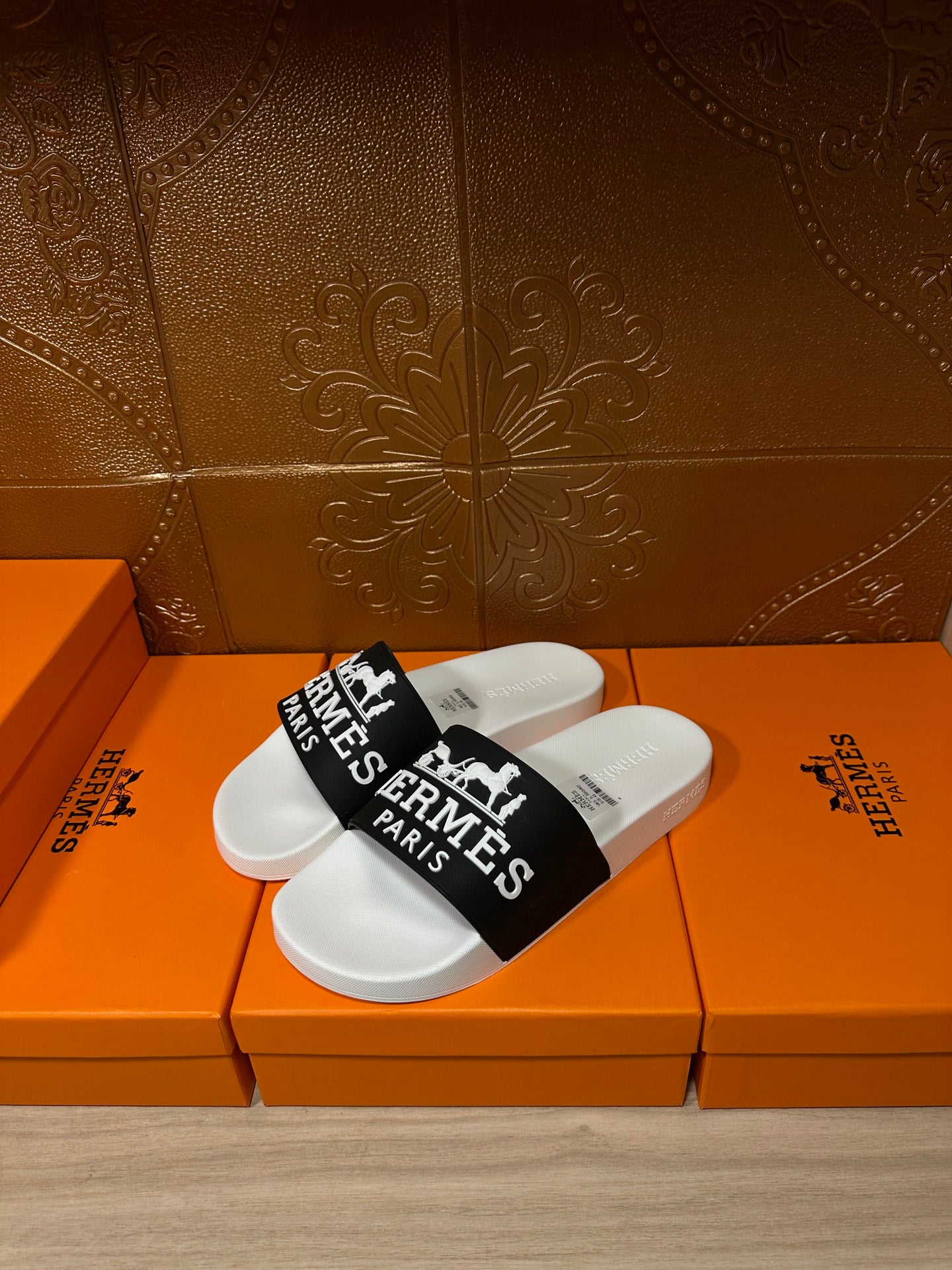 Hermes slide sandals, white footbed with black wide strap and white lettering