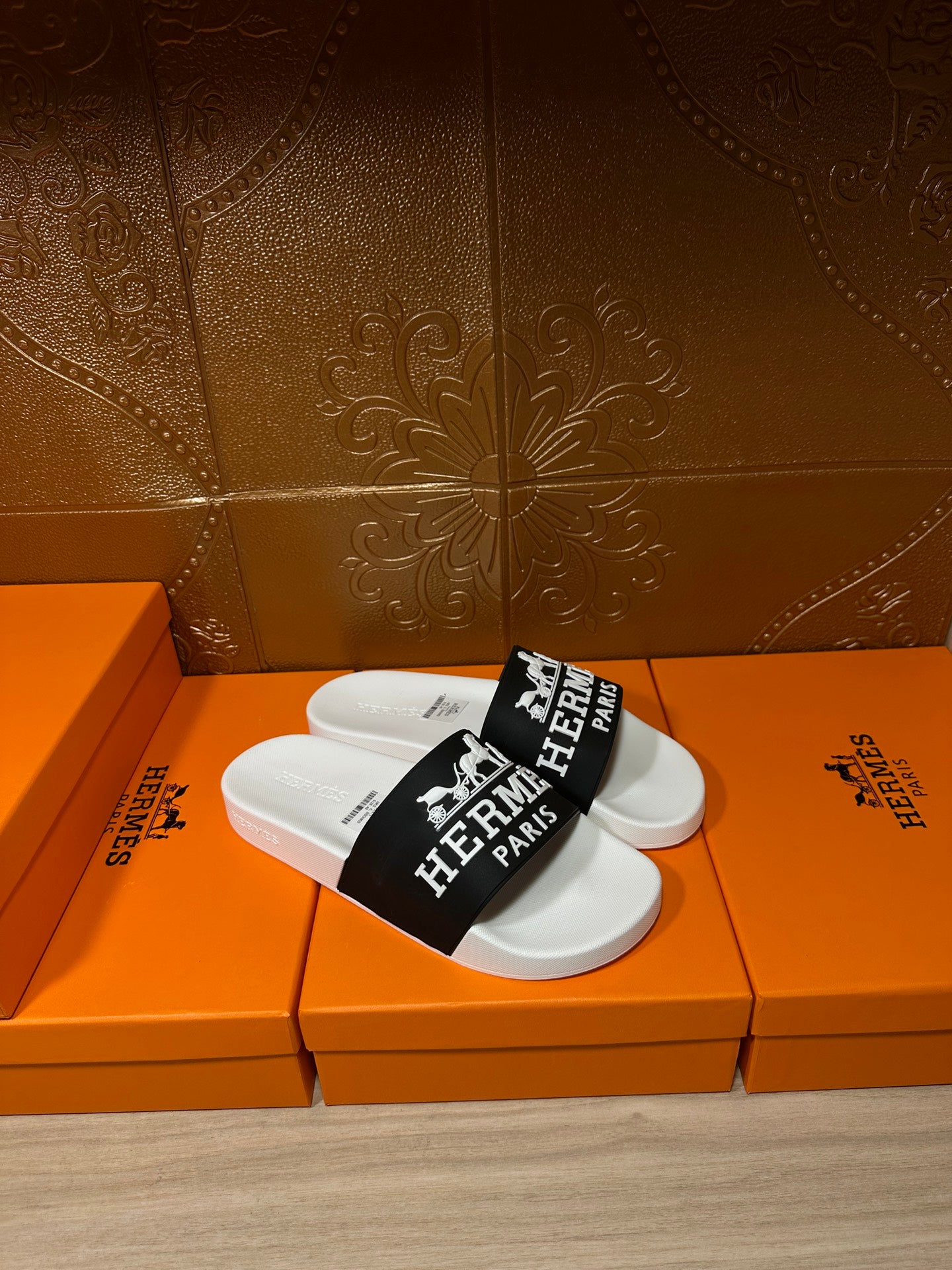 Hermes slide sandals, white footbed and black strap with Hermes Paris lettering