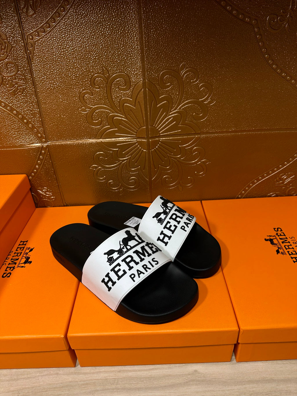 Hermes slide sandals, black with wide white top strap and logo lettering
