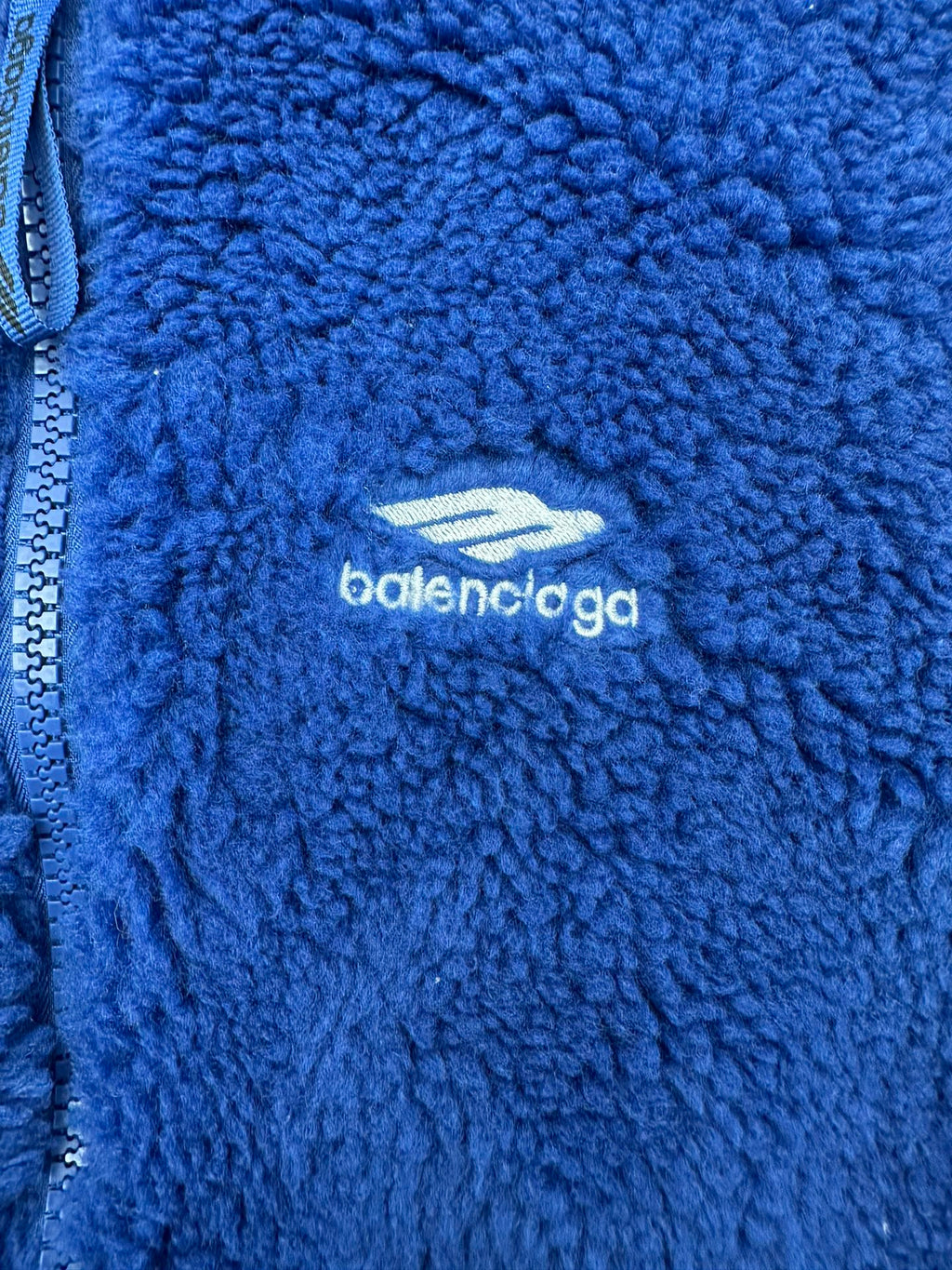 Balenciaga blue sherpa fleece jacket logo patch near chest