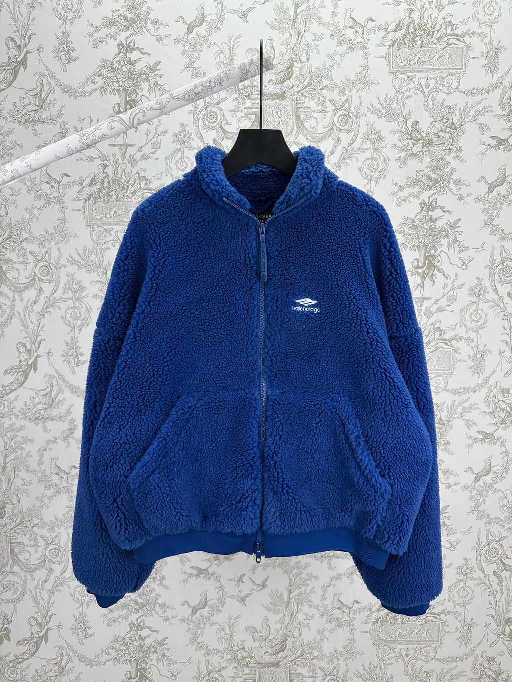 Balenciaga blue sherpa zip-up jacket with stand collar and front zipper