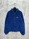 Balenciaga blue sherpa zip-up jacket with stand collar and front zipper