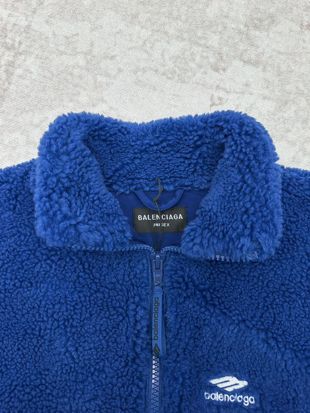 Balenciaga blue sherpa fleece jacket with logo patch and front zipper