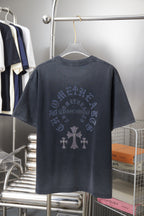 Dark gray short-sleeve T-shirt with back graphic and lettering