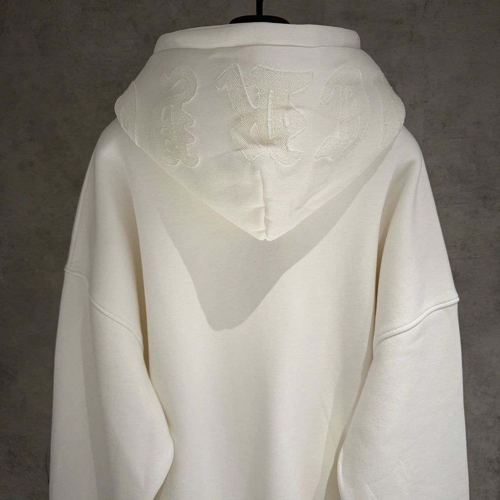 White zip-up hoodie back view with hood and embroidered heart-like logo