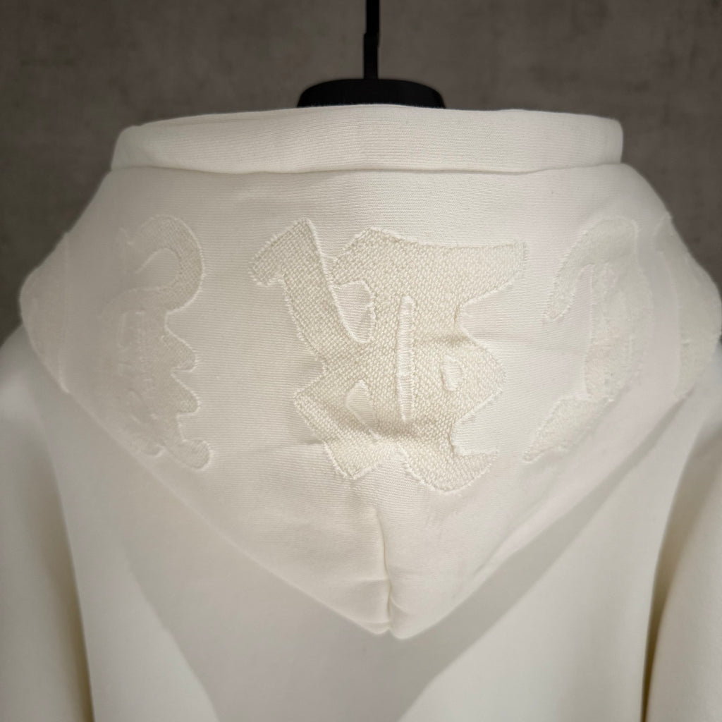 White hoodie back view with raised embroidered logo on the hood