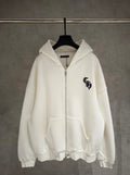 White zip-up hoodie with hood and front pocket; small black logo on chest