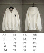 White zip-up hoodie front and back with size chart for M to 2XL measurements