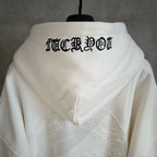 White zip-up hoodie with hood and large back graphic print