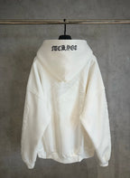 White zip-up hoodie with hood, back graphic print and ribbed hem