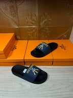 Hermes slide sandals, single pair with blue logo strap on black footbed