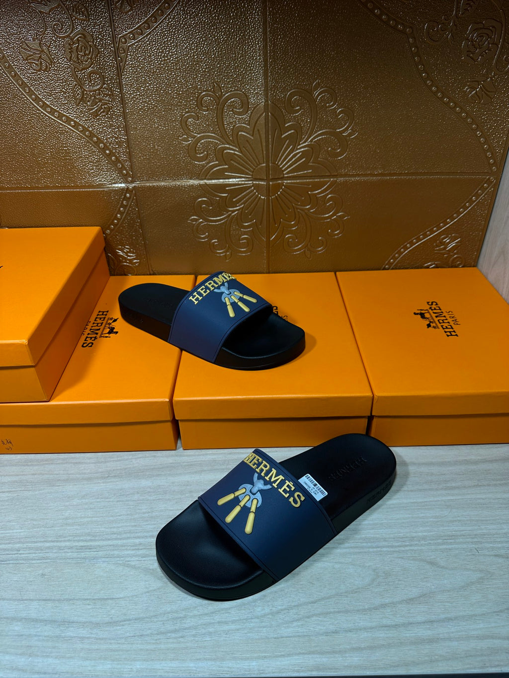 Hermes slide sandals set, blue logo strap on dark flat slide sole
