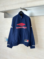 Balenciaga navy zip-up windbreaker jacket with stand collar and logo patch