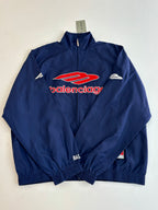 Balenciaga navy zip-up jacket with red logo graphic and stand collar