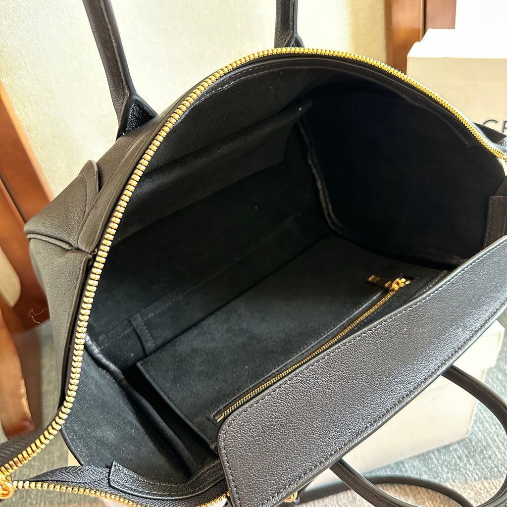 Celine handbag open interior with dark lining and top-zip closure