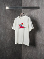 White short-sleeve T-shirt with colorful polo horse rider print