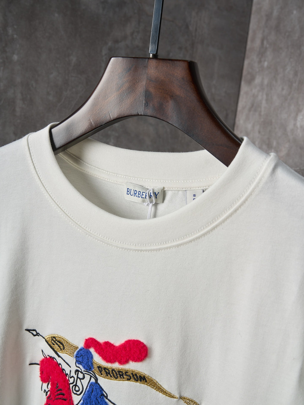 White crew-neck T-shirt with Burberry label at collar and polo embroidery