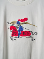 White T-shirt front with red and blue polo player graphic