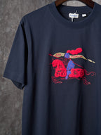 Navy crew-neck short-sleeve T-shirt with colorful graphic on the front