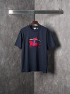 Navy crew-neck short-sleeve T-shirt with colorful animal graphic on chest