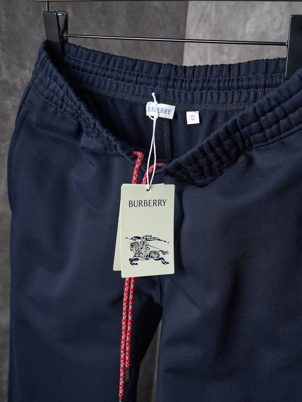Navy jogger pants with drawstring and embroidered crest logo