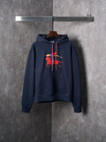 Navy pullover hoodie with embroidered red graphic and kangaroo pocket
