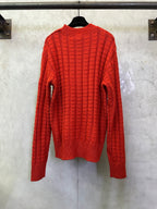 Back view of red long-sleeve knit sweater with crew neck and textured grid pattern