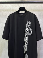 Black T-shirt close front view with white script logo, short sleeves, crew neck