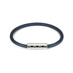 Gucci leather bracelet in dark navy with silver logo bar centerpiece and studs